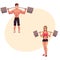 Man and woman bodybuilders, weightlifters working out, training with barbells