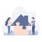 Man and woman build a house from puzzles, Vector flat design illustration