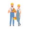 Man and woman builders in blue overalls. Vector illustration.