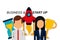 Man and woman businesspeople rocket trophy clock business start up