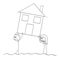 Man and Woman Carrying or Moving Family House During Water Flooding Disaster, Vector Cartoon Stick Figure Illustration