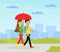 Man and Woman Character Walking Under Umbrella in Rainy Day Vector Illustration