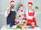 Man and woman chef apron santa hat near christmas tree. Christmas recipe concept. Secret ingredient is love. Couple