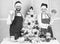 Man and woman chef apron santa hat near christmas tree. Christmas recipe concept. Secret ingredient is love. Couple