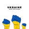 Man woman and child fist in Ukrainian flag colors. Stop the war in Ukraine. No war banner or template