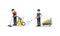 Man and Woman Cleaner in Blue Overall Vacuuming Floor Vector Illustration Set