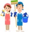 Man and woman with cleaning tools and aprons