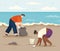 Man and woman cleaning up paper and plastic waste on shore. Volunteers collect garbage on beach
