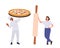 Man and woman cook team cartoon characters preparing fresh delicious pizza isolated on white