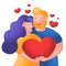 Man and woman couple holding big red heart. People in love. Cartoon character romantic couple. Honeymoon married people