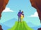 Man and woman couple hugging on top of mountain or cliff, looking at nature landscape, flat vector illustration.