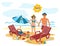 Man and woman couple vacation summer time on the beach sand tropical nature illustration.