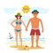 Man and woman couple vacation summer time on the beach sand tropical nature vector illustration.