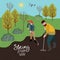A man and a woman cultivate the land with a rake and hoe for planting.Vector illustration in cute flat style