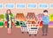 Man woman customers holding trolley cart buying fresh organic fruits vegetables modern supermarket shopping mall