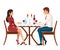 Man and woman on date in restaurant. Meeting love couple. Table with red wine bottle, candelabra and italian pasta. Cartoon