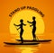 Man and woman do stand up paddling on water at sunset.