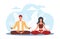 Man and woman do yoga and meditate together. Calm people sitting in lotus position. Balance, serenity and relaxation