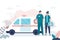 Man and woman doctors near ambulance van. Medical services concept. Emergency, medical transport and staff in professional uniform