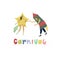 Man and woman dressed in funny carnival costumes of comet and space rocket . Multicolor caption with festive confetti