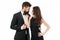 Man and woman elegant dressed ready for night out. Celebrate anniversary. Romantic couple wear formal clothes. Dinner at