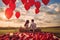 A man and a woman are enjoying a peaceful moment while sitting at a picnic table adorned with red balloons., A romantic picnic