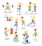 Man and woman exercising set, fitness couple doing exercise in the gym cartoon vector Illustrations