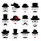 Man and woman faces. Photo props collections. Retro party set with glasses, mustache, beard, hats and lips. Vector