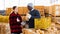 Man and woman farmers talking during stacking pumpkins