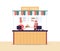 Man and woman fast food workers behind counter flat vector illustration isolated.