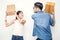 Man and woman fighting with boxes, online marketing packaging and delivery, SME concept