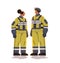 man woman firefighters in uniform emergency service happy labor day celebration concept vertical full length