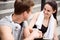 Man and woman fist bumping after training