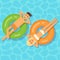 Man and woman floating on inflatable circles in a swimming pool
