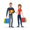 Man and woman with gifts and shopping. Cartoon concept Vector