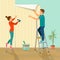 Man and woman glues wallpaper at home. Vector flat style illustration
