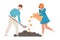 Man and Woman with Golden Coins and Shovel Seedling or Planting Money Tree in Soil Vector Illustration