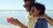 Man, woman and happy selfie on beach for social media post at water for adventure, holiday or tourism. Couple, digital