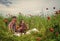 man and woman having romantic date in poppy flower field with guitar music and wine, love