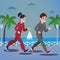 Man and Woman with Headphones Running on the Seaside Promenade