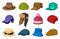 Man and woman headwear. Elegant modern and retro hats and caps, stylish fashion male and female accessories vector