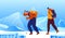 Man woman hiking in winter mountain, vector illustration. Happy couple character at adventure, sport at nature landscape