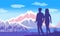 Man and woman holding hands, admire to mountain landscape. Natural beauties. Sports and recreation