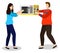 Man and Woman Holding Microwave, Shopping in Store