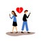 Man and woman holding smartphone. Couple obsessed with mobile phone, relationship crisis. A broken red heart above their heads.