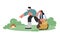 Man and woman hunting,picking mushrooms in the fall in the forest.The guy holds a magnifying glass.Vector illustration