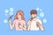 Man and woman inflate soap bubbles and have fun in free time, enjoying pastime together