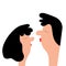 Man and woman. Kissing couple. Cute cartoon funny character. Smooch kiss. Red lips. Black hair. Happy Valentines Day. Love card.