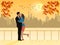 Man and woman kissing in a public garden with  sunset  background
