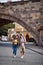 Man and woman in love walking in the streets of Prague.Travel, tourism and people concept
